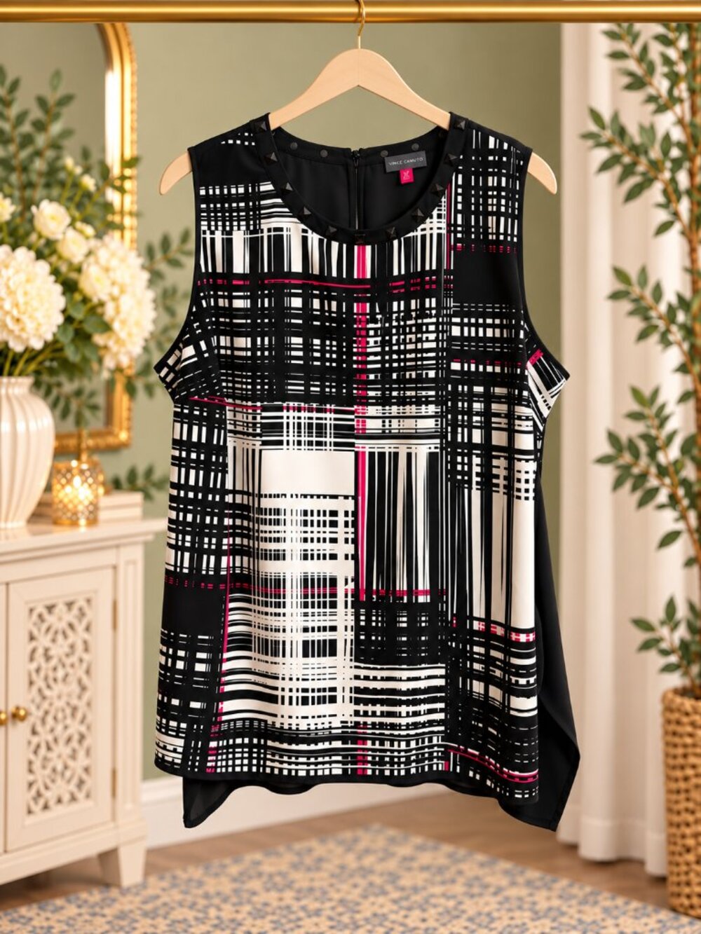 Vince Camuto Plus 2X Black White Pink Plaid Studded Sleeveless Tunic Top